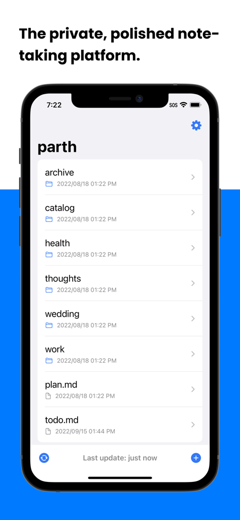 Lockbook - Oberfläche der Lockbook-App auf einem iPhone, die eine Liste von Ordnern und Markdown-Dateien anzeigt