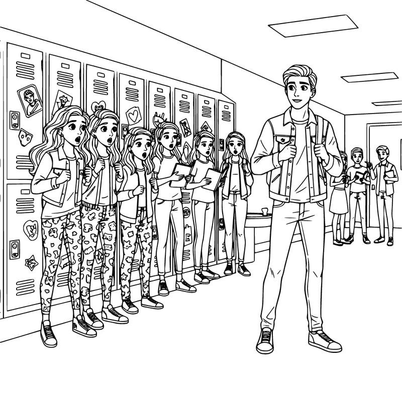group of princesses in modern clothes who are in awe of a new student, who is a prince in modern clothes at their school.  there are other kids in the background,  lockers with different decorations on them, and other groups of teens looking at the princesses and prince
