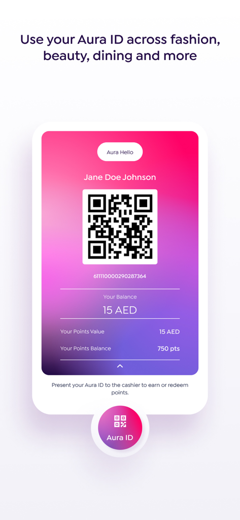 Carte de membre d'identité numérique Aura montrant un code QR, le solde des points et le niveau de récompenses dans l'application de fidélité Aura MENA.