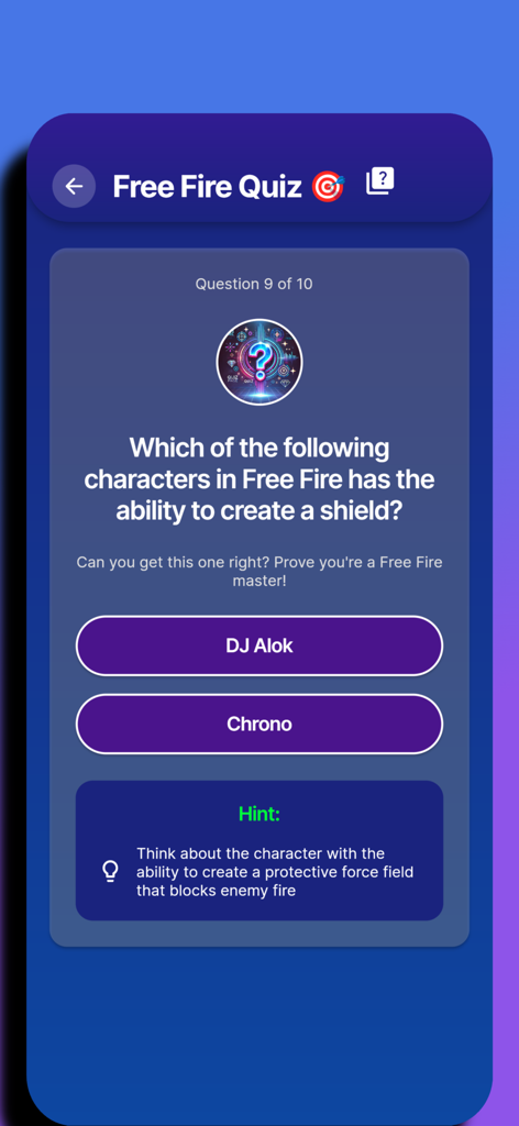 Diamonds Explorer For Freefire - A screenshot of a mobile trivia game showing a Free Fire quiz question about character shield abilities.