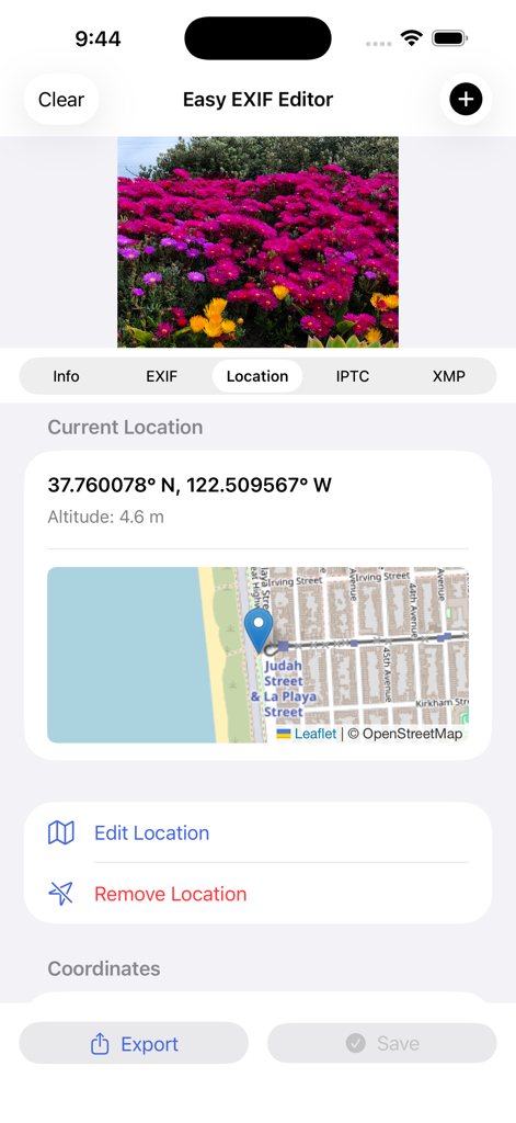 Easy Exif Editor - Interface of Easy Exif Editor displaying GPS coordinates and a map location for a photo of flowers