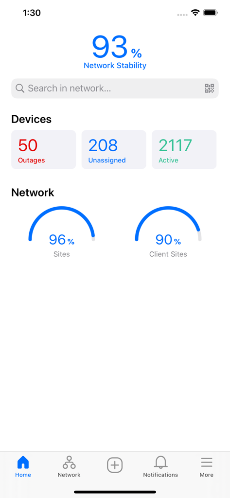 Dashboard di UISP Mobile che mostra la stabilità della rete e le metriche del dispositivo