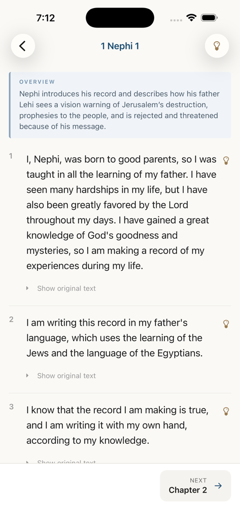 Plain English Book of Mormon - A reading screen from the Plain English Book of Mormon app showing chapter one of First Nephi in modern English with a clean interface.