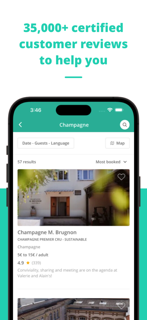 Rue des Vignerons - Rue des Vignerons app screenshot showing winery reviews and booking options for the Champagne region in France.