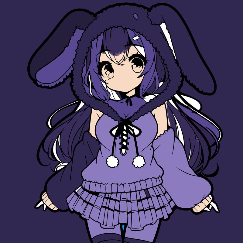 pretty anime girl wearing a fluffy hoodie with bunny ears on the hood and a skirt