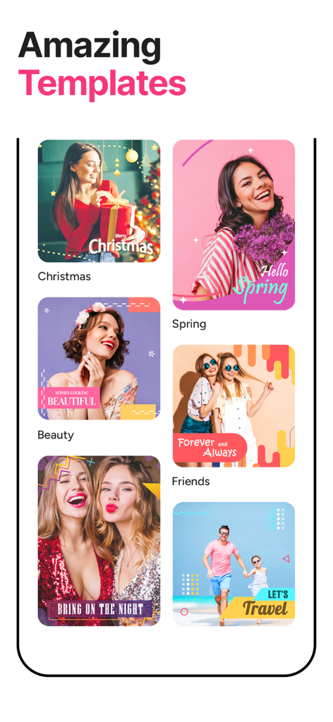 Preview of diverse video templates in SpeedPro including Christmas, Spring, and Travel themes