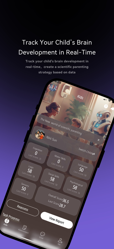 Meowsprout app interface displaying real-time neurological development scores for a child