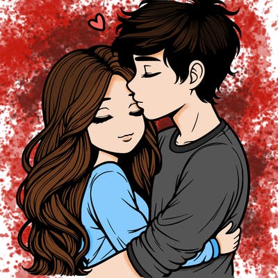 a realistic couple boy and girl hugging and kissing