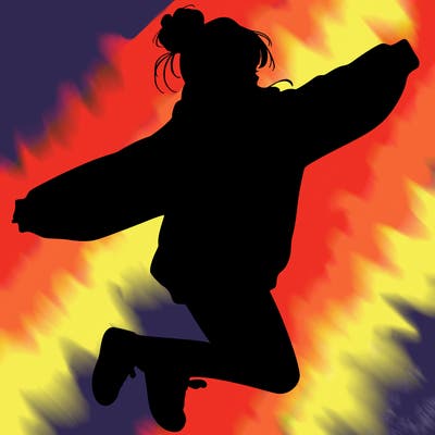 realistic girl jumping with a bun and oversized sweatshirt