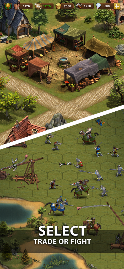 Forge of Empires gameplay showing a medieval marketplace and a tactical hexagonal grid battle