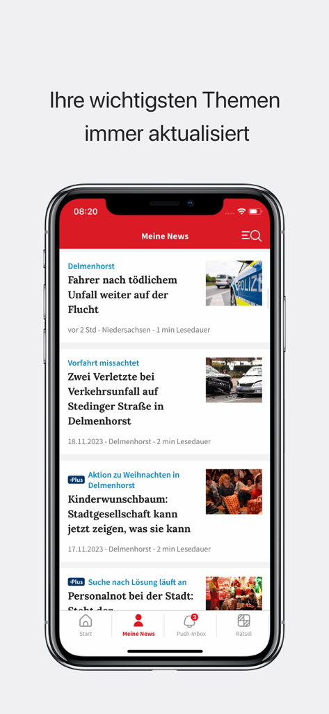 dk News - iPhone mostrando la sección de feed de noticias personalizadas de la aplicación dk News