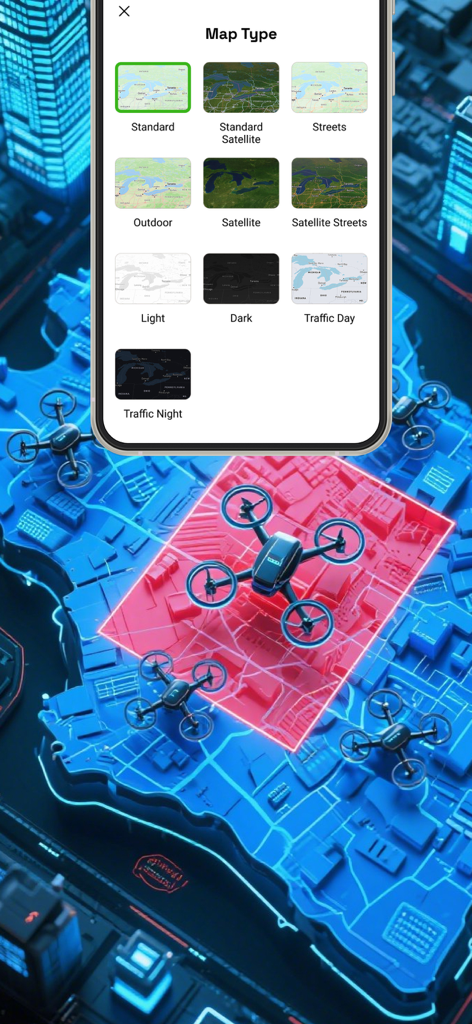 Interface showing multiple map type options including satellite and traffic views for drone flight planning