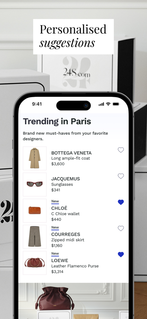 24S: Luxury Fashion Designers - 24S app interface showing personalised luxury fashion recommendations and trending items from Paris.