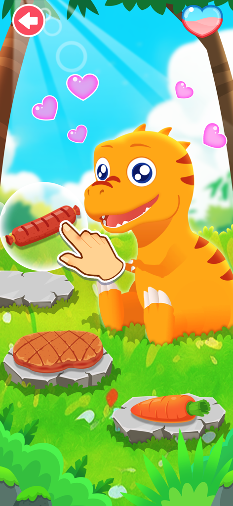 A cute orange baby dinosaur in a grassy field being fed a sausage with options for steak and carrots.