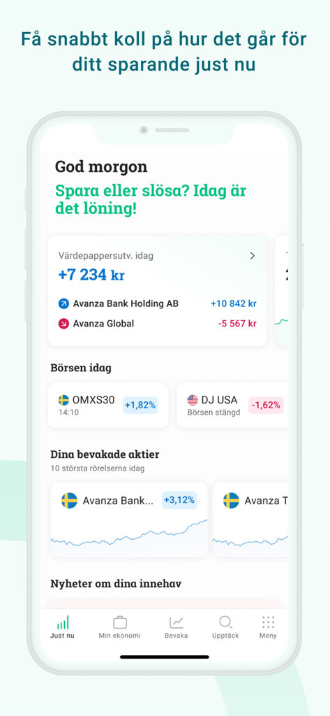 Tableau de bord de l'application mobile Avanza affichant la performance quotidienne des investissements, les indices de marché et un aperçu du portefeuille.