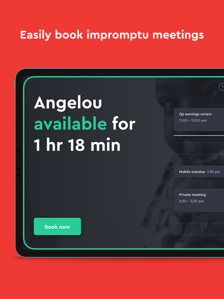 Envoy Rooms - Envoy Rooms iPad app interface showing conference room availability for impromptu meetings with a book now button