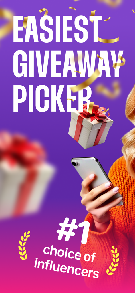 Giveaway Picker - Random Draw - Promotion for Giveaway Picker app featuring a person holding a smartphone and a gift box with text stating it is the top choice for influencers.