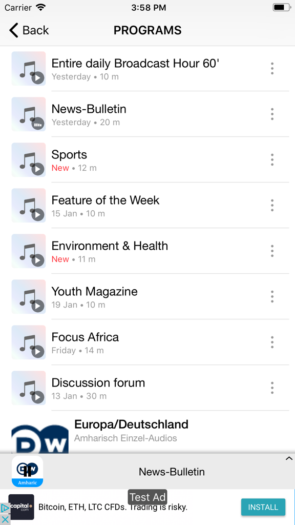 DW Amharic by AudioNow - Captura de pantalla de la aplicación DW Amharic que muestra una lista de programas de radio, incluidos el Boletín de Noticias y Deportes