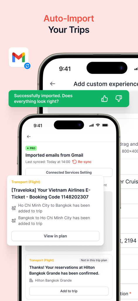 Holicay - Holicay mobile app interface showing travel bookings being automatically imported from Gmail into a trip itinerary.