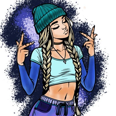 realistic teenage girl with braids and a beanie and crop top doing 🫶🏼