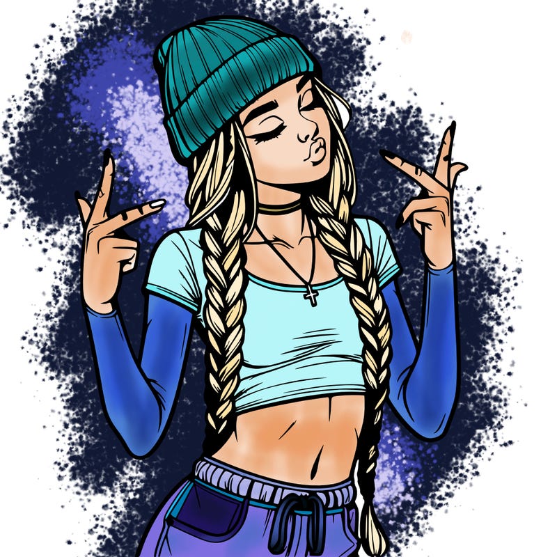realistic teenage girl with braids and a beanie and crop top doing 🫶🏼