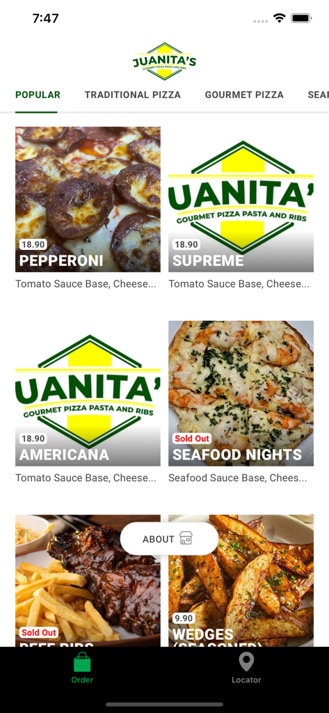 Juanita’s Gourmet Pizza - Menu screen of the Juanita's Gourmet Pizza app featuring pepperoni pizza and various menu categories.