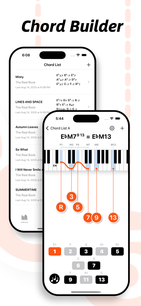 Visual piano chord builder in GenChord showing jazz chord intervals and notation
