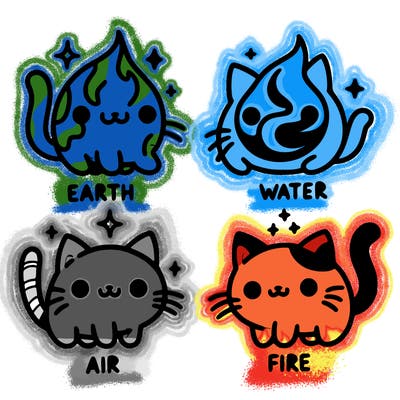 4 cats that represent the different elements, earth, water, air, and fire