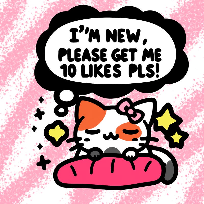 kitty taking a nap dream talking and saying "i'm new, please get me at least 10 likes pls!!"