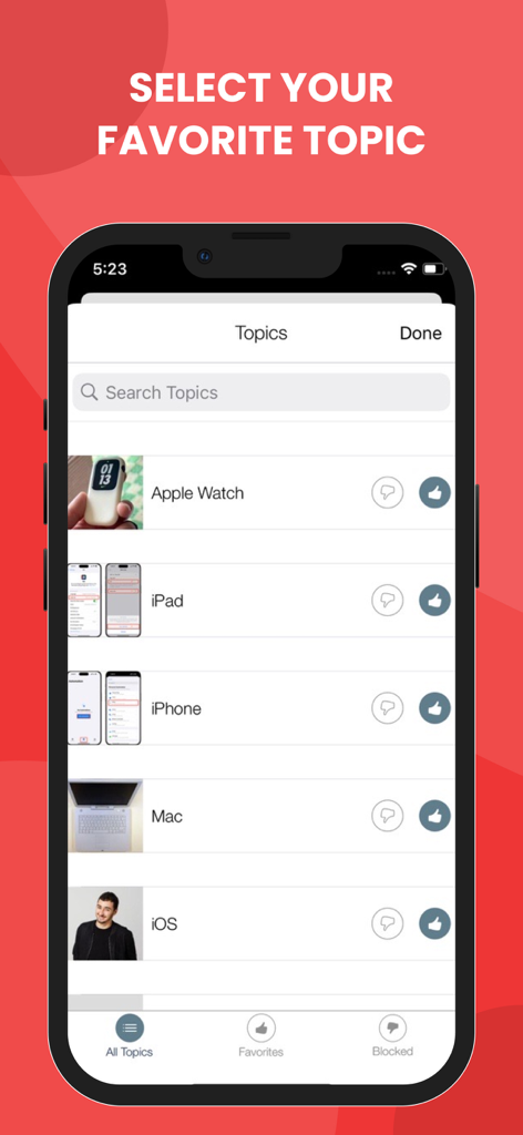 Topic selection screen in iNews from Cupertino app showing options for Apple Watch, iPad, iPhone, and Mac.