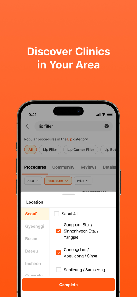UNNI app interface for searching beauty clinics by location in Seoul districts like Gangnam