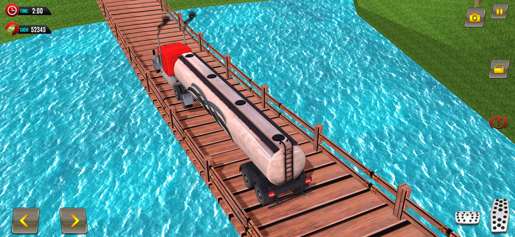 Oil Tanker Transporter Driving - Red oil tanker truck driving across a wooden bridge over water in a 3D driving simulator