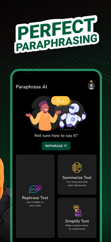 Paraphrase AI 앱의 홈 화면에 텍스트 재구성, 요약, 단순화 옵션이 표시됩니다.