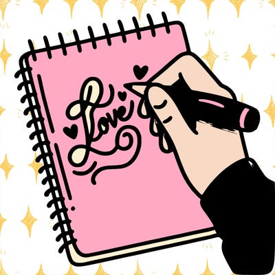 a hand writing “love” in calligraphy on a notebook