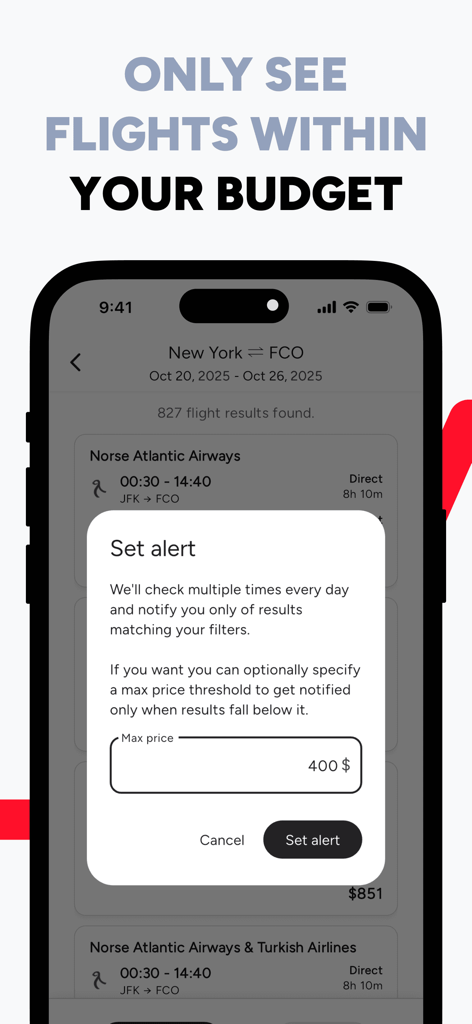Definindo um alerta de orçamento de preço máximo no aplicativo móvel Alertas de Passagens Aéreas