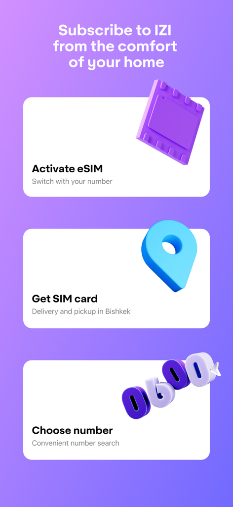 IZI KG app screenshot showing options to activate eSIM get a SIM card and choose a mobile number