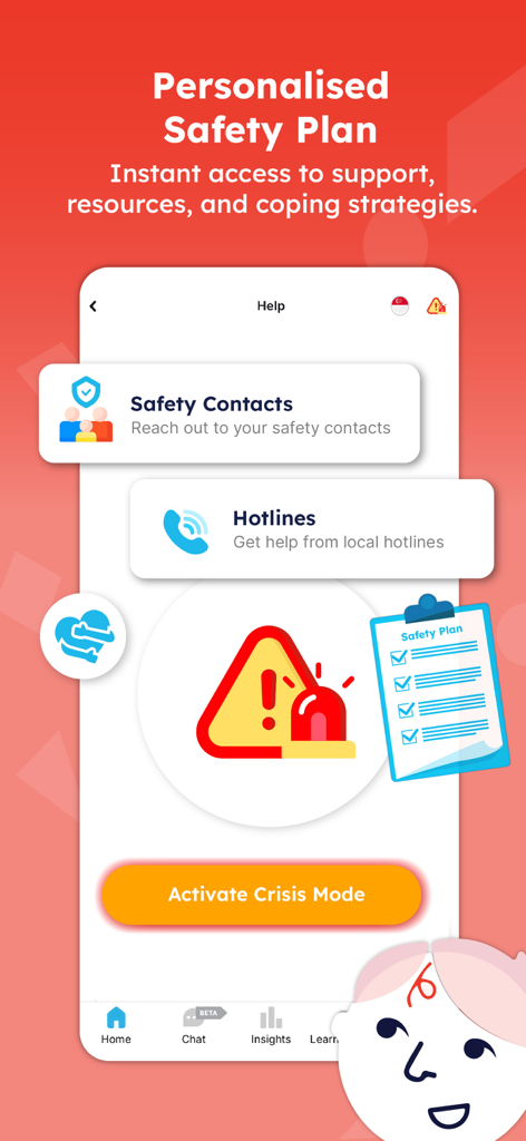 Zoala - Zoala app interface displaying a personalised safety plan with emergency resources and an activate crisis mode button for adolescent mental health support