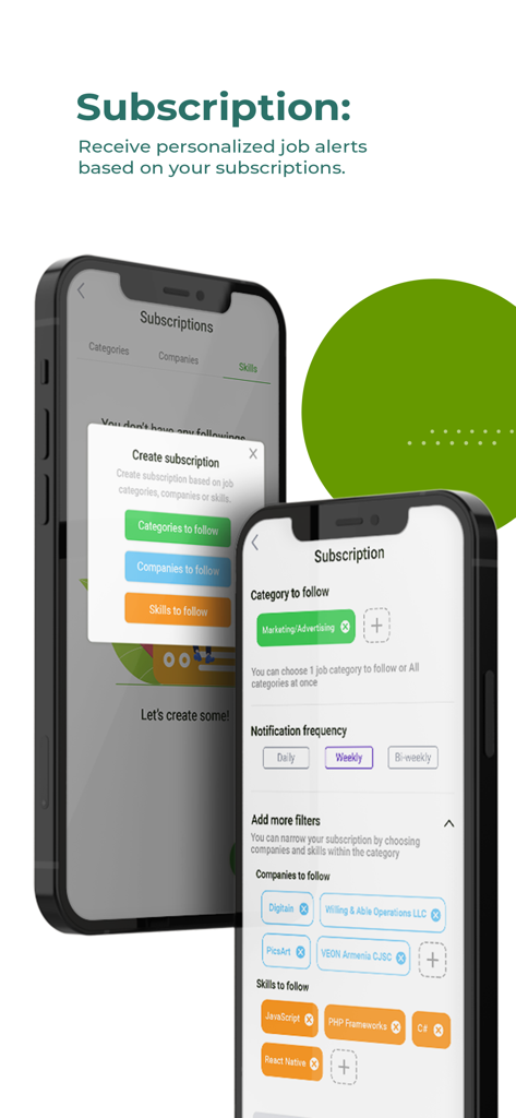 Staff.am - Staff.am mobile app interface showing personalized job subscription settings for categories, companies, and skills