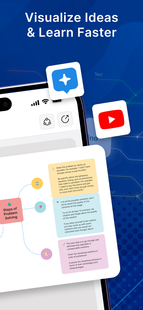 AI Mind Map: Visual Mind Node - Interface do aplicativo Mapa Mental Visual exibindo um diagrama visual das etapas de resolução de problemas