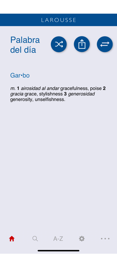 Pantalla de la aplicación de diccionario Larousse Español-Inglés mostrando la palabra del día Garbo con traducciones y definiciones.