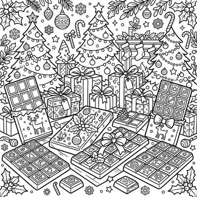 Get into the holiday spirit with this delightful coloring page featuring an abundance of Christmas chocolate bars. Discover a festive scene filled with sweet treats, holiday gifts, and cheerful decorations, perfect for a cozy coloring session.