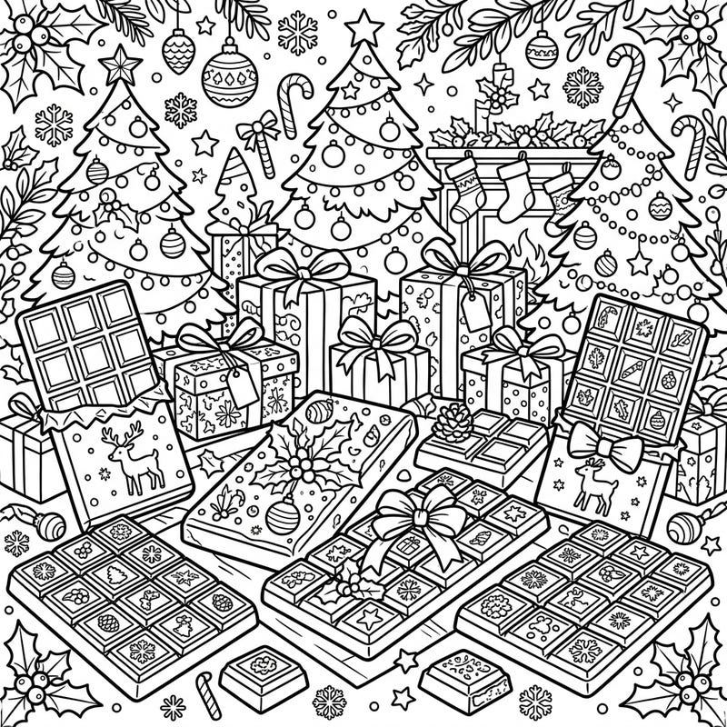 Get into the holiday spirit with this delightful coloring page featuring an abundance of Christmas chocolate bars. Discover a festive scene filled with sweet treats, holiday gifts, and cheerful decorations, perfect for a cozy coloring session.
