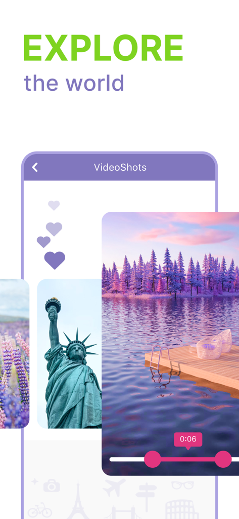 TourBar - international dating - L'interface de l'application TourBar présente la fonctionnalité VideoShots avec des scènes de voyage comme la Statue de la Liberté et un lac pittoresque, sous le titre « Explorer le monde ».