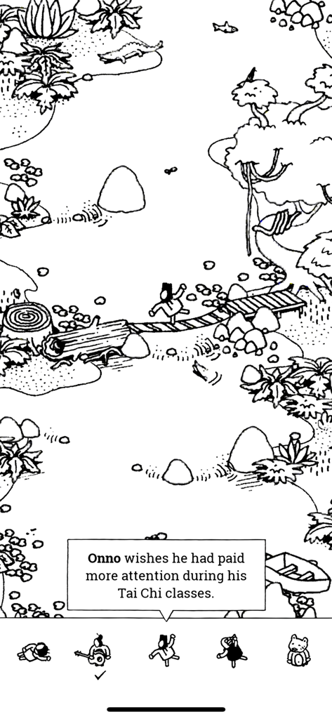 Paisaje de jungla interactivo en blanco y negro dibujado a mano del juego Hidden Folks