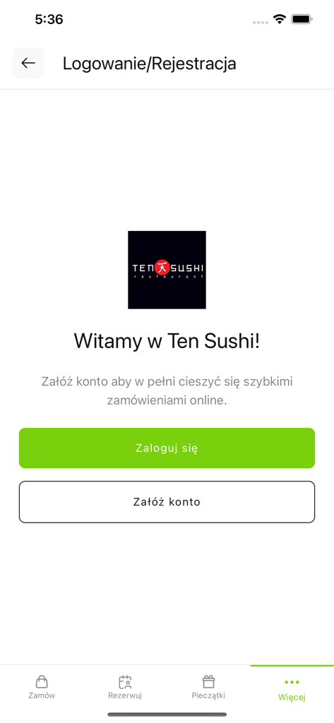 TenSushi Mobile-App Login- und Registrierungsbildschirm mit Willkommensnachricht und Schaltflächen