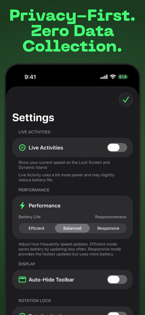 eyeSpeed Speedometer - Tela de configurações do aplicativo eyeSpeed Speedometer mostrando recursos de privacidade e modos de desempenho