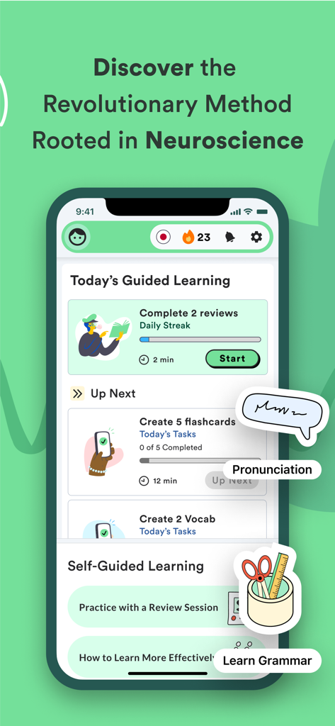 Fluent Forever app dashboard displaying daily guided learning tasks rooted in neuroscience