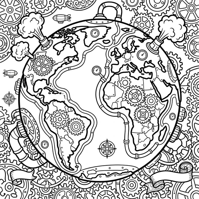 Introduce your little one to an amazing world with this Steampunk Earth coloring page! Designed for toddlers, it features bold lines and simple shapes of a mechanical globe, gears, and whimsical steam-powered elements, perfect for early creative exploration.