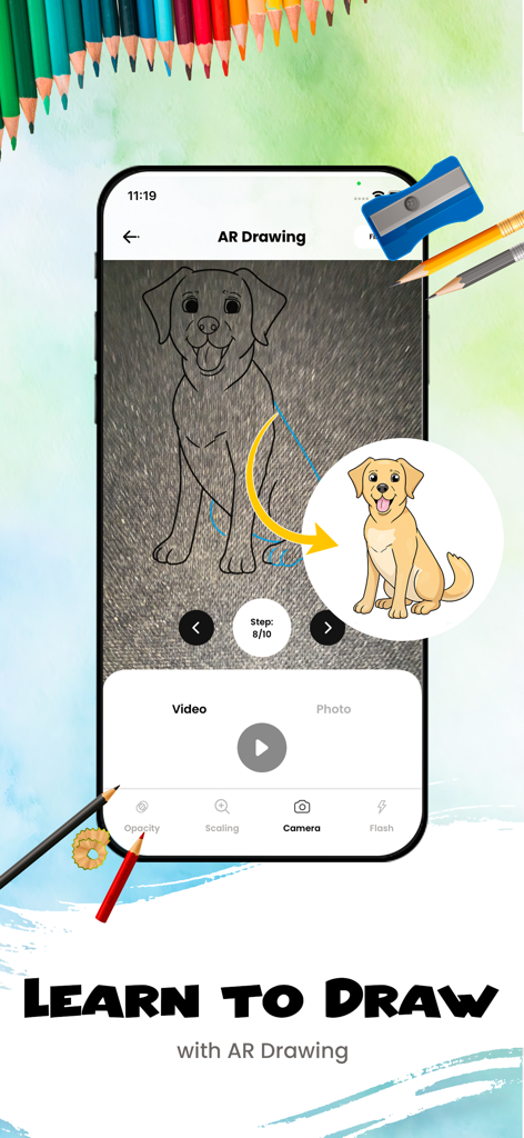 Smartphone screen showing AR Drawing app interface with a dog outline being traced on paper using augmented reality