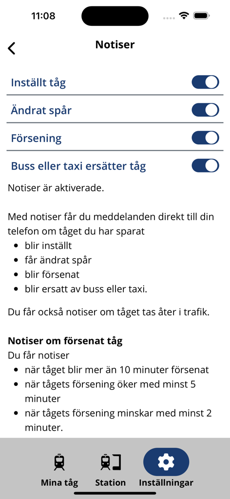 Mina Tåg - Notification settings screen in the Mina Tag app showing toggle options for train delays and track changes.